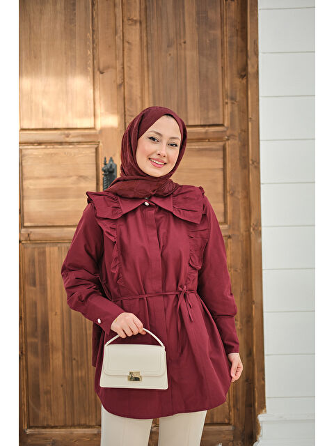 Locco Moda Kadın Yaka Büzgülü Bel Bağlamalı Poplin Gömlek Bordo - S000527143-19951