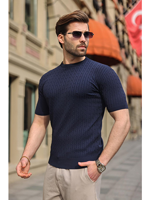 Madmext Lacivert Bisiklet Yaka Triko Erkek Tişört E7468 - S000510532-21164