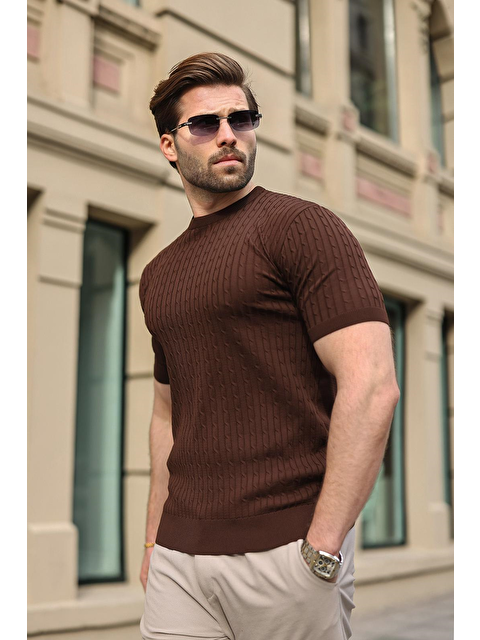 Madmext Kahverengi Bisiklet Yaka Triko Erkek Tişört E7468 - S000510532-19413