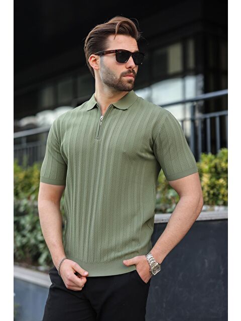Madmext Haki Yarım Fermuarlı Polo Yaka Erkek Triko Tişört E7458 - S000510537-18547