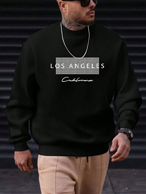 Trendseninle Erkek Siyah Node LosAngeles Baskılı Oversize Uzun Kollu Sweatshirt - S000492708-19351