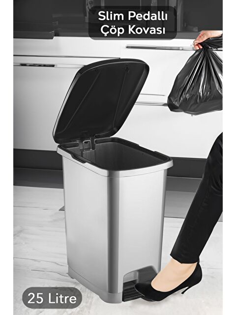 Meleni Home Pedallı Gri Banyo Mutfak Çöp Kovası Siyah Kapaklı Slim Pedallı Çöp Kovası 25Litre - S000387455-20600