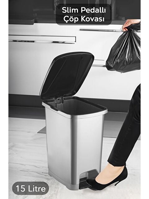 Meleni Home Pedallı Gri Banyo Mutfak Çöp Kovası Siyah Kapaklı Slim Pedallı Çöp Kovası 15 Litre - S000387456-20600