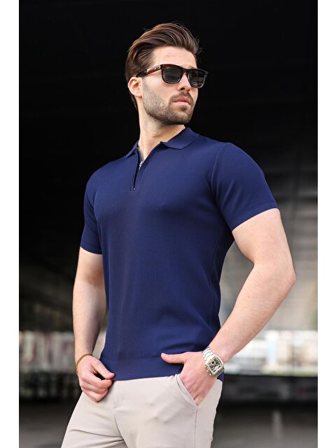 Madmext Lacivert Yarım Fermuarlı Polo Yaka Triko Erkek Tişört E74e59 - S000510535-21164