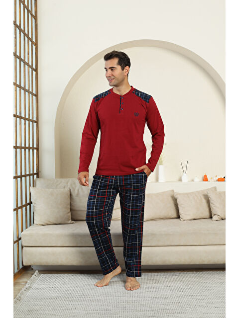 Enisena Erkek %100 İnterlok Pamuk Kumaş Ekose Bloklu Pijama Takımı 12481 - S000492711-19951