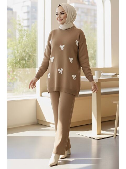 Tofisa Fiyonklu Nakışlı İkili Triko Takım Vizon - 28032-VIZON - S000483653-26429