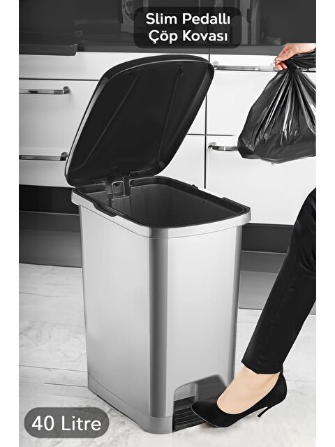 Meleni Home Pedallı Gri Banyo Mutfak Çöp Kovası Siyah Kapaklı Slim Pedallı Çöp Kovası 40 Litre - S000387457-20600