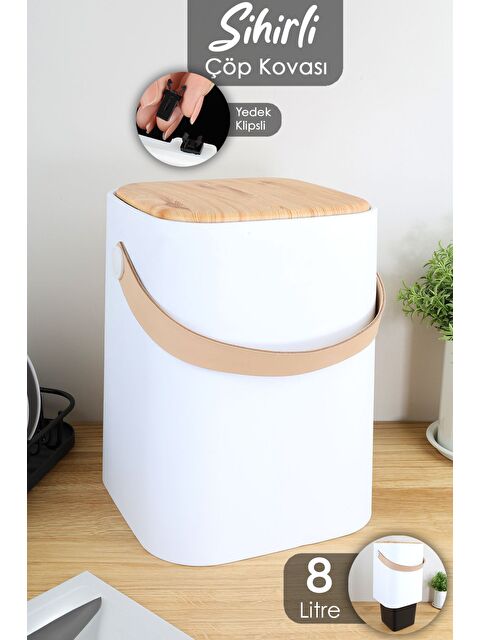 Meleni Home Ahşap Görünümlü Çöp Kovası Akıllı Kapak Tutma Saplı Kovalı Tezgah Üstü Mutfak Çöp Kovası 8Lt Beyaz - S000387458-20063