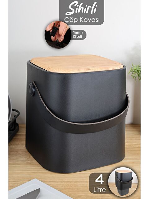 Meleni Home Ahşap Görünümlü Çöp Kovası Akıllı Kapak Tutma Saplı Kovalı Tezgah Üstü Mutfak Çöp Kovası 4Lt Siyah - S000387460-19351
