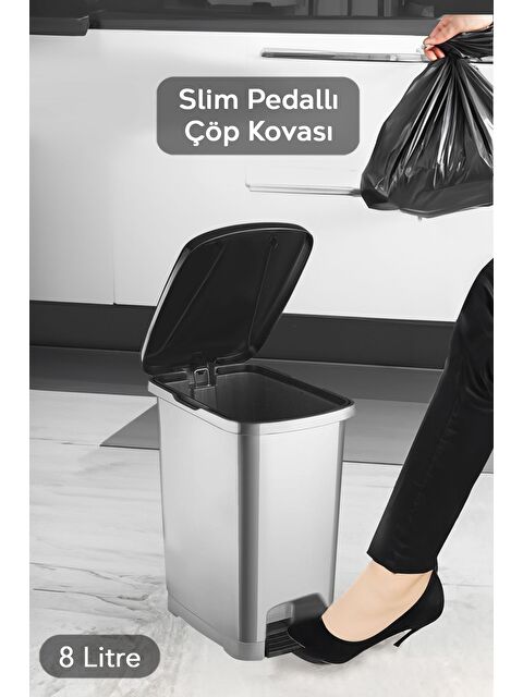 Meleni Home Pedallı Gri Banyo Mutfak Çöp Kovası Siyah Kapaklı Slim Pedallı Çöp Kovası 8 Litre - S000387462-20600