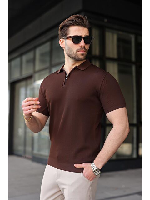 Madmext Kahverengi Yarım Fermuarlı Polo Yaka Triko Erkek Tişört E74e59 - S000510535-19413