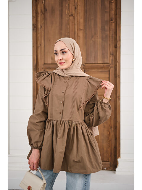 Locco Moda Kadın Bel Büzgülü Pile Detay Bisiklet Yaka Gömlek Kahverengi - S000527147-19413