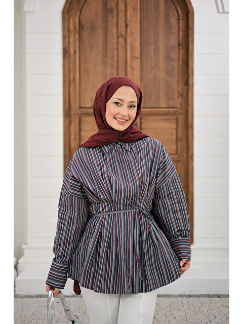 Locco Moda Kadın Pileli Gizli Düğmeli Çizgili Gömlek Kahverengi - S000527148-19413