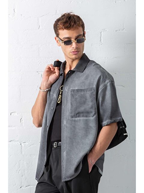 Abluka Online Erkek Yıkamalı Kısa Kollu Oversize %100 Pamuk Gömlek Siyah - S000365695-19351