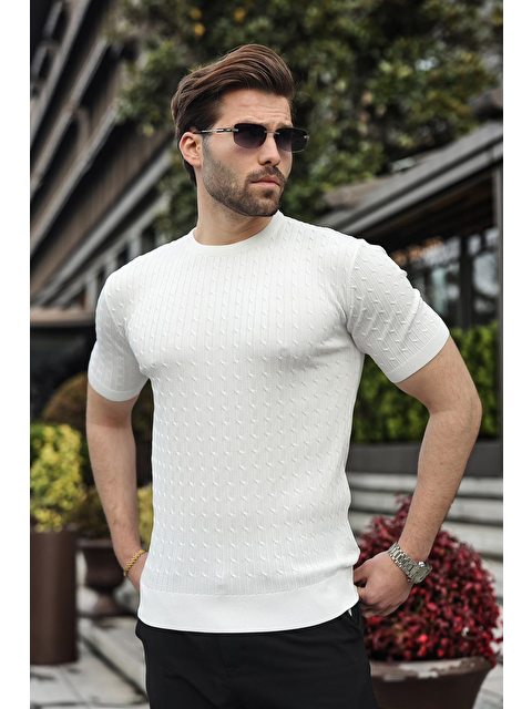 Madmext Beyaz Bisiklet Yaka Triko Erkek Tişört E7468 - S000510532-20063