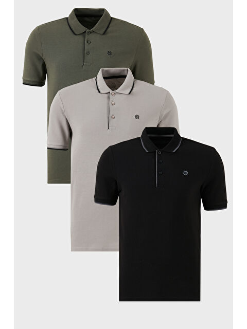 Buratti Pamuklu Slim Fit Şerit Detaylı Düğmeli Polo Yaka 3'lü Paket %100 Pamuk Tişört 5902118S3 - S000387096-37290