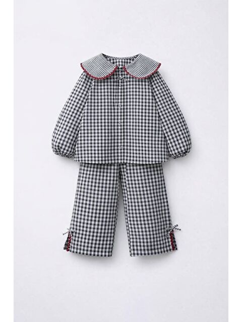 Magu Kız Çocuk Pamuklu Siyah Beyaz Pötikare Gömlek Pantolon Takım - Büyük Yakalı Fiyonk Detaylı - S000532587-37243