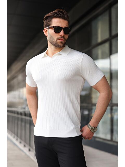 Madmext Beyaz Polo Yaka Triko Erkek Tişört E7461 - S000510536-20063