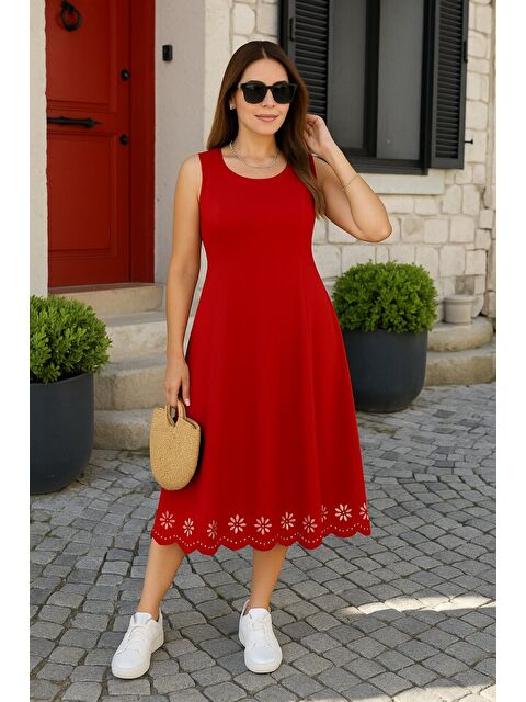 Jane's Kadın Kolsuz Etek Ucu Lazer Kesim çiçek Desenli Midi Boy Ithal Krep Elbise