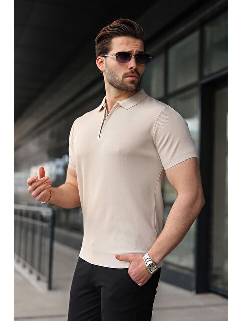 Madmext Taş Rengi Yarım Fermuarlı Polo Yaka Triko Erkek Tişört E74e59 - S000510535-25636