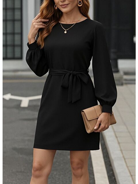 Jane's Kadın Uzun Kollu Kayık Yaka Belden Kuşaklı Kısa Ithal Krep Elbise - S000528704-19351