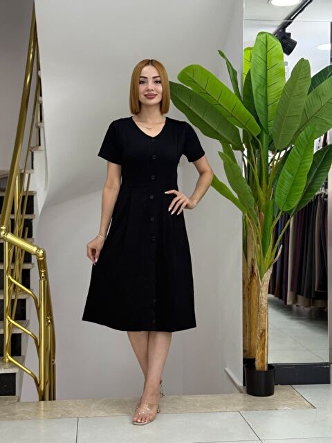 Jane's Kadın Kısa Kollu V Yakalı önden Düğmeli A Kesim Dokuma Elbise - S000528707-19351