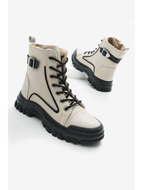 TONNY BLACK Kadın Bej Cilt Termo Taban Yanı Tokalı Bağcıklı ve Fermuarlı Bot - S000327035-29737