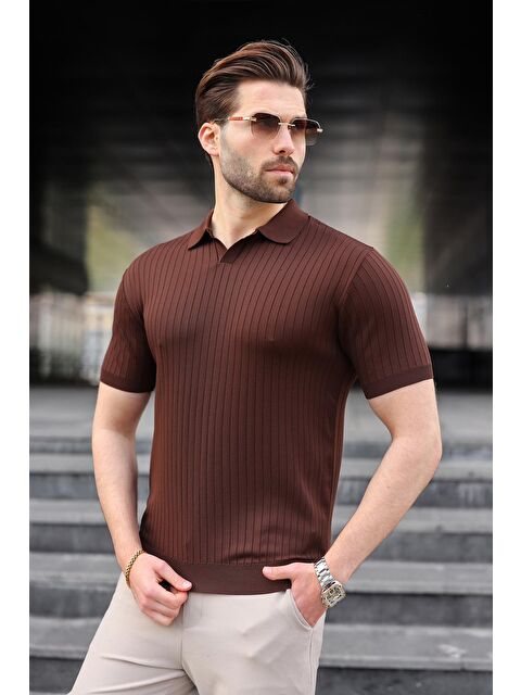 Madmext Kahverengi Polo Yaka Triko Erkek Tişört E7461 - S000510536-19413