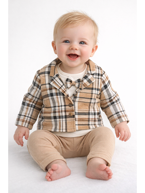 Verona Tarz Erkek Bebek Ceketli Papyonlu 3lü Takım Bayramlık Pamuklu Özel Ekose Desenş, - S000513783-19927