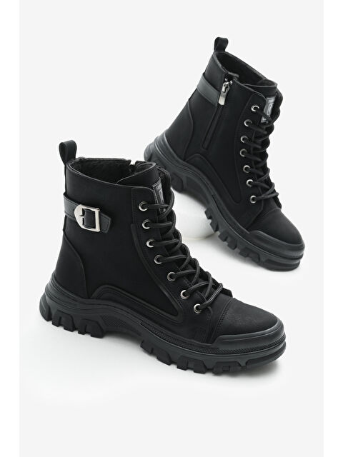 TONNY BLACK Kadın Siyah Mat Termo Taban Yanı Tokalı Bağcıklı ve Fermuarlı Bot - S000327035-6381