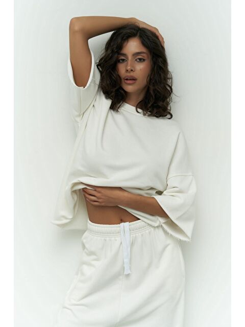 Mai Collection Lion Beyaz Oversize T-shirt Yırtıklı Eşofman Takım - S000512201-20063