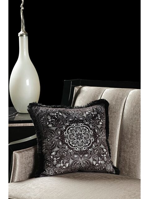 Asdiva Lüks Kadife 43x43 Cm Kırlent Kılıfı Dekoratif Yumuşak Salon Avangart Saçaklı Siyah Mandala - S000379760-37424