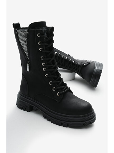 TONNY BLACK Kadın Siyah Mat Termo Taban Yanı Taşlı Detaylı Bağcıklı ve Fermuarlı Bot - S000288268-6381