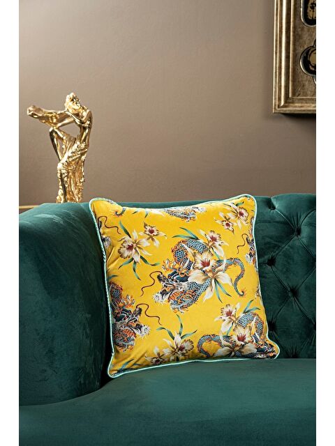 Asdiva Lüks Kadife 43x43 Cm Kırlent Kılıfı Dekoratif Yumuşak Salon Koltuk Avangart Biyeli Sarı - S000379760-20072