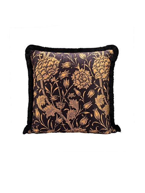 Asdiva Lüks Kadife 43x43 Cm Kırlent Kılıfı Dekoratif Yumuşak Salon Avangart Saçaklı Sarı Siyah - S000379760-2593
