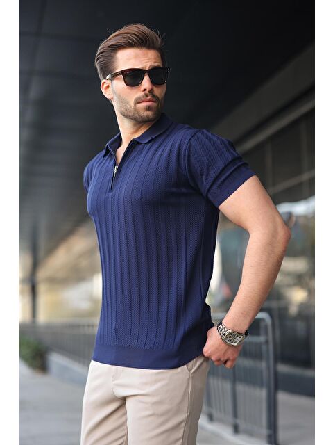 Madmext Lacivert Yarım Fermuarlı Polo Yaka Erkek Triko Tişört E7458 - S000510537-21164