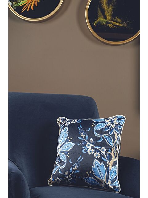 Asdiva Lüks Kadife 43x43 Cm Kırlent Kılıfı Dekoratif Yumuşak Salon Koltuk Avangart Biyeli Lacivert - S000379760-21164