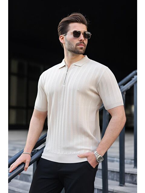 Madmext Taş Rengi Yarım Fermuarlı Polo Yaka Erkek Triko Tişört E7458 - S000510537-25636