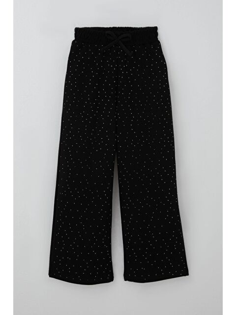 Breeze Kız Çocuk Pantolon Taş Baskılı Fiyonk Bağcık Aksesuarlı Siyah (8-14 Yaş) - S000527150-19351