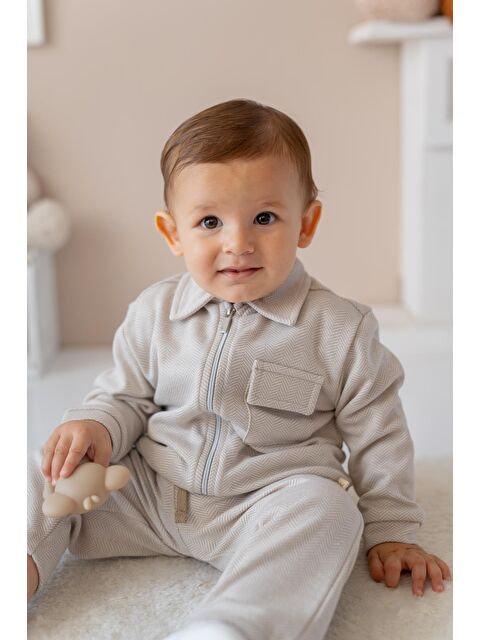 MİNİNİO Erkek Bebek Fermuarlı Örme Ceket - Bej - S000442321-19928