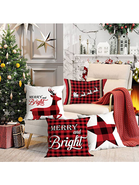 Evmila 4 lü Yılbaşı Temalı Kadife Kırlent Kılıfı 43x43 cm - S000285221-23173