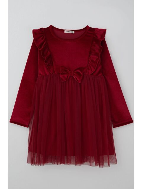Breeze Kız Çocuk Uzun Kollu Kadife Elbise Fiyonk Aksesuarlı Tüllü Fırfırlı Kırmızı (4-8 Yaş) - S000527096-20045
