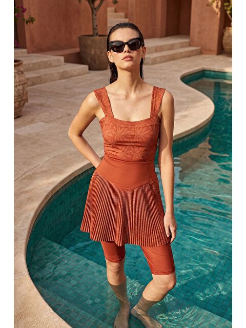 Haşema Vaha Koleksiyonu Tulum Ve Etekli Kiremit Renk 3 Parça Yarı Kapalı Mayo Takımı 6031
