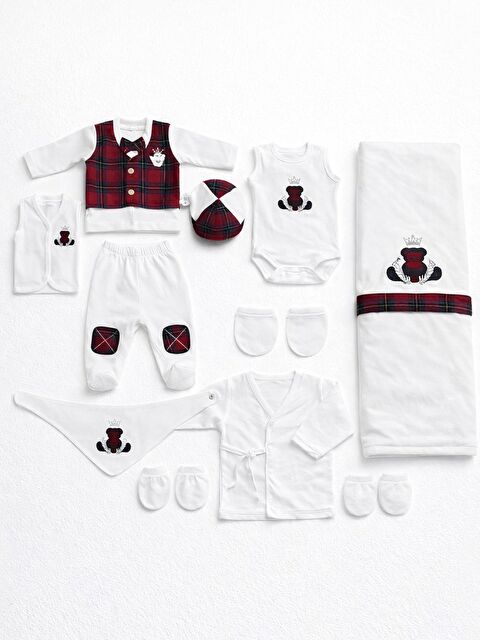 Verona Tarz Erkek Bebek Kasketli Taçlı Ayılı Kutulu 10lu Hastane Çıkış Seti Pamuklu Hediyelik Yelekli - S000503311-19459