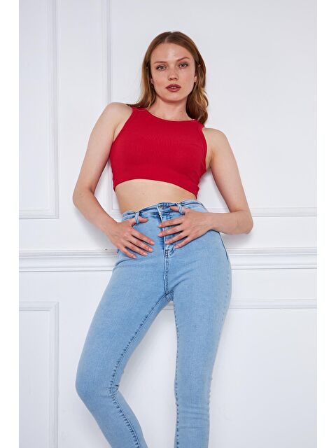 Comstar Kadın Crop Top Kırmızı Basic Bluz