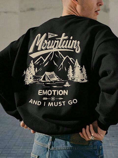 Trendseninle Erkek Siyah Mountains EMOTİON Baskılı Oversize Bisiklet Yaka Uzun Kollu Sweatshirt - S000492717-19351