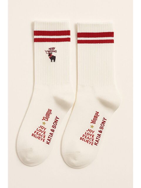 Katia And Bony Unisex Geyikli Yılbaşı Soket Çorap Beyaz
