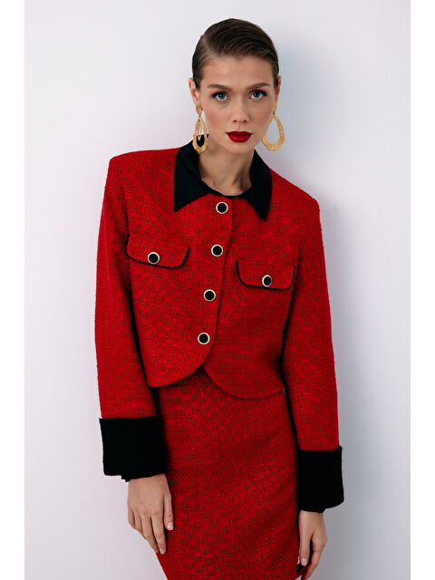 SATEEN Kontrast Kısa Tüvit Ceket - Kırmızı - S000323738-20045