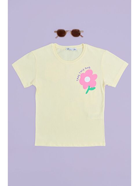 Fullamoda Çiçek Baskılı Bisiklet Yaka Kız Çocuk Tişört