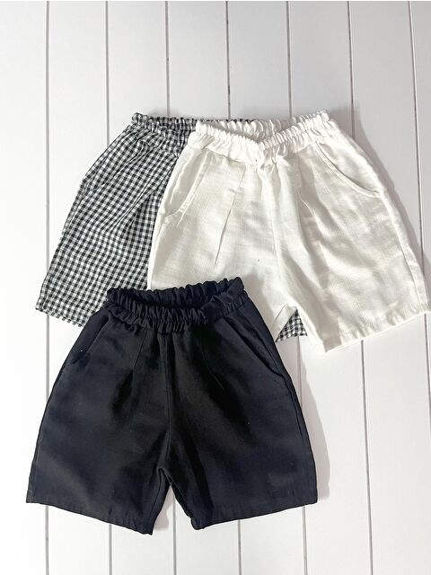 Catz Kids 3'lü Müslin ve Keten Bermuda Şort  ( Siyah Keten, Beyaz Keten, Siyah Beyaz Pötikare Müslin ) - S000220045-37424